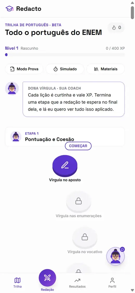 Trilha de lições do Redacto com etapas e o botão Começar