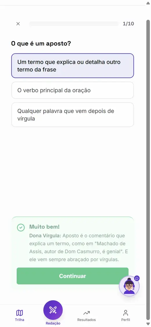 Lição de pontuação com resposta certa e feedback da Dona Vírgula